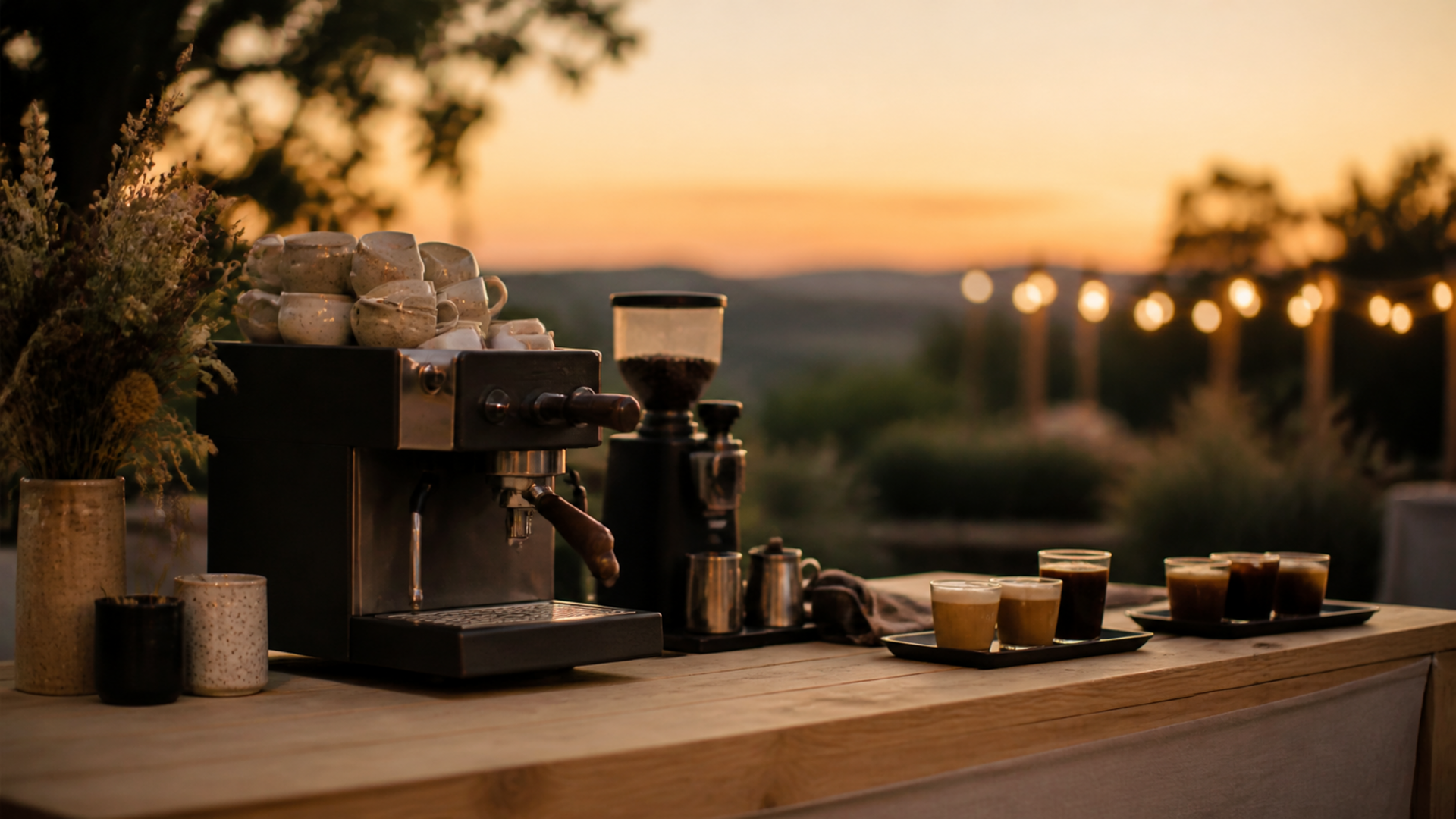 Barra de café portátil de Salmuera montada en un evento al atardecer