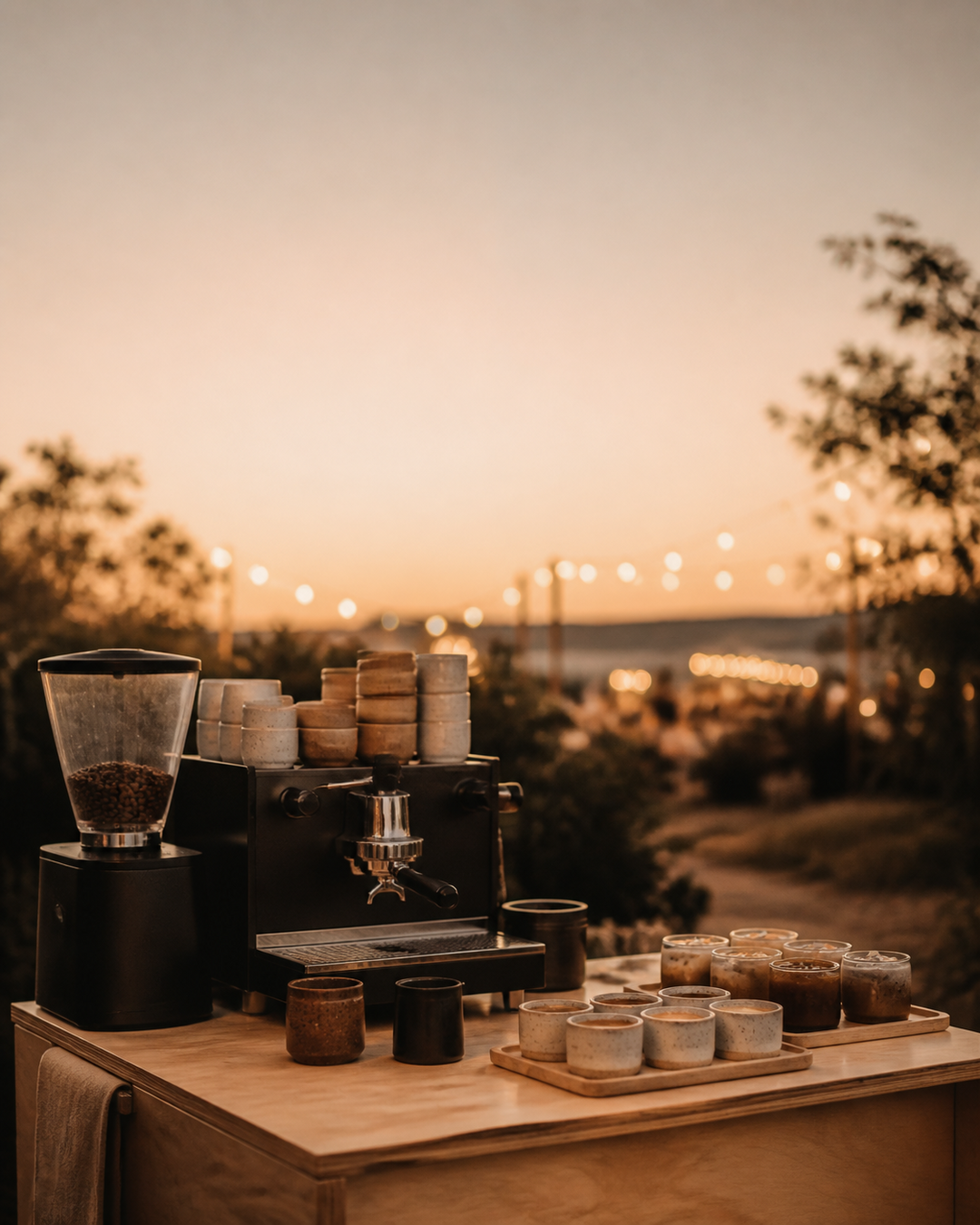Barra de café portátil montada al atardecer, con máquina de espresso, molino y bebidas listas
