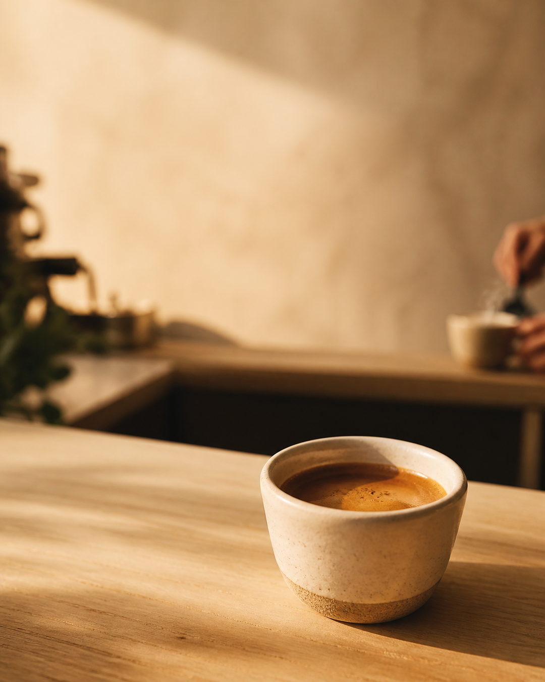 Espresso doble en taza de cerámica crema sobre la barra de madera, con luz de tarde
