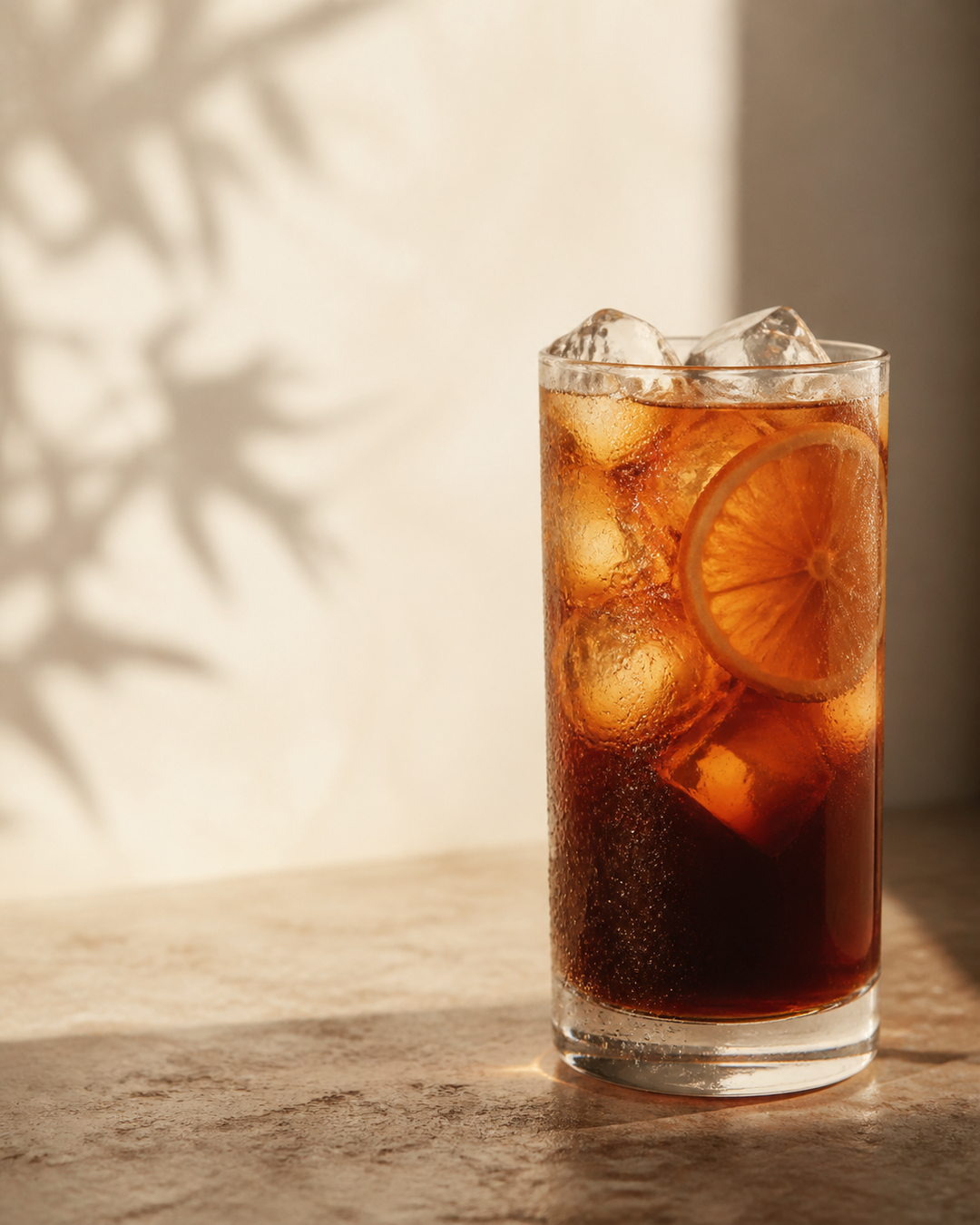 Bebida fría de temporada en vaso alto con hielo y rodaja de naranja, sobre piedra cálida